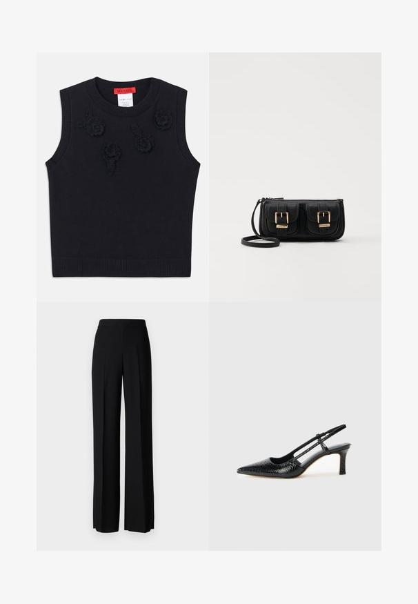 Sweater preto sem mangas com decote e bainha canelados. Apresenta aplicações florais texturizadas na frente. Material em malha macia.; Calças largas pretas com uma textura suave, apresentando uma cintura alta e pregas centrais. Sem padrões visíveis ou detalhes em metal.; Salto slingback em patente preta com bico apontado, apresentando um padrão de pele de cobra texturizado, tira ajustável e um salto bloco curto e texturizado.; Bolsa de ombro em couro preto com dois bolsos frontais, fivelas douradas, fecho de zíper e uma alça fina. Superfície texturizada e forma retangular compacta.