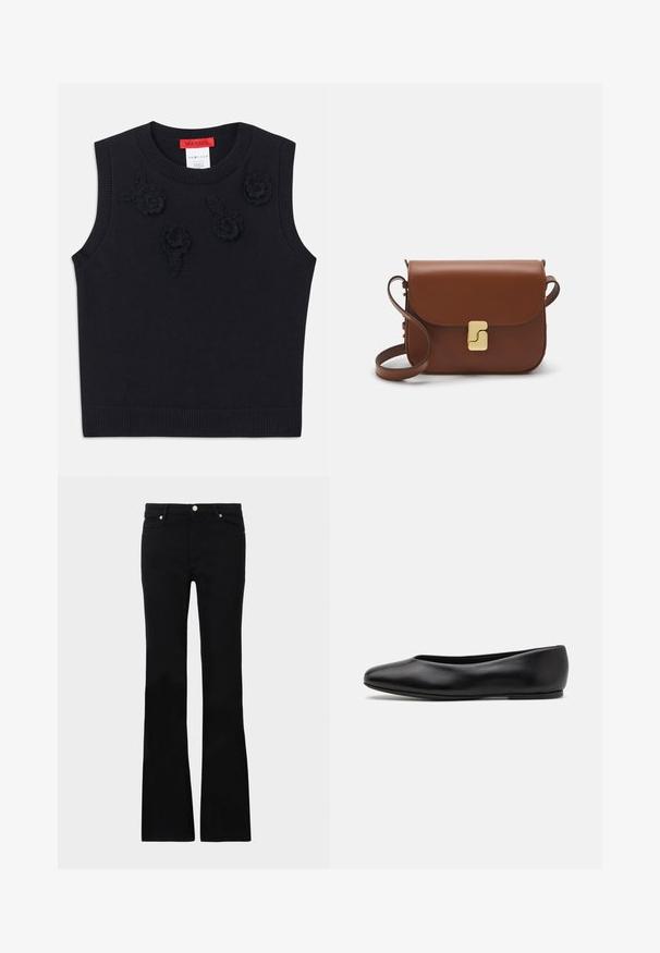 Suéter sin mangas negro con un escote y dobladillo acanalados. Presenta aplicaciones florales texturizadas en el frente. Material de punto suave.; Pantalones vaqueros de talle ancho en negro, confeccionados en denim, con dos bolsillos frontales, cierre de botón y una textura suave. Costuras distintivas visibles en las costuras.; Paul Smith TOPANGA - Bailarinas - black; Bolso de mano de cuero marrón con cierre de solapa, herrajes en tono dorado, correa para el hombro y una textura suave. Forma rectangular compacta.
