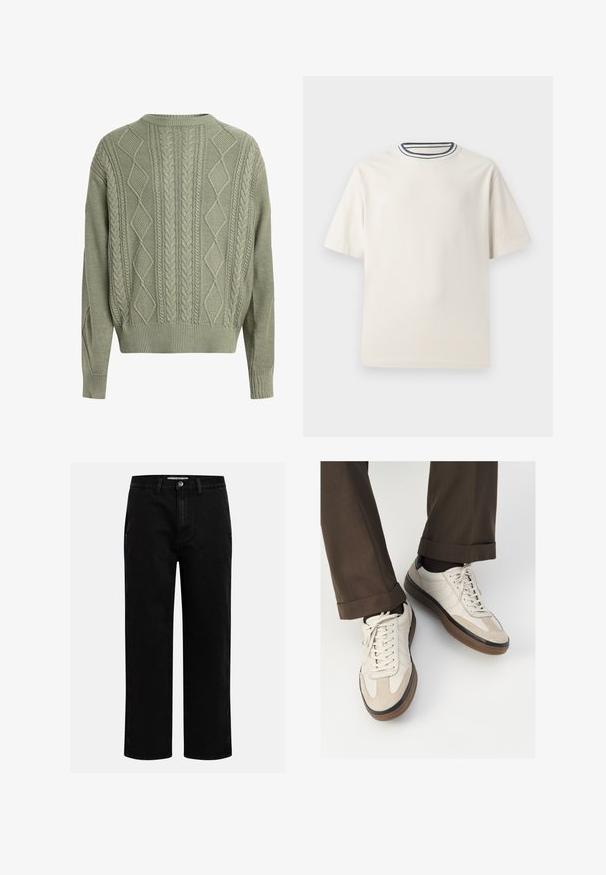 Sweater verde de malha trançada com padrões de diamante e trança, gola redonda e punhos e bainha com ribanas, feito de um material de malha texturizada.; T-shirt de algodão em cor creme com mangas curtas, apresentando um decote redondo realçado por listras em azul-marinho e branco. Textura suave, corte descontraído.; Calças de ganga pretas com corte reto, design clássico de cinco bolsos e fecho de botão na cintura. Textura suave e tecido durável.; Tênis bege com frente em camurça texturizada, lados em couro liso e sola em borracha marrom. Inclui cadarços e detalhes de costura clara.