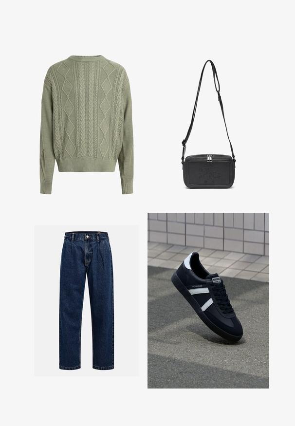 Vihreä cable-knitted villapaita, jossa on timantti- ja palmikkokuviot, pyöreä kaula-aukko sekä ribatuiksi hihansuut ja helma, valmistettu teksturoidusta neulemateriaalista.; Tummansininen farkkushortsit suoralla lahkeella. Ominaisuuksiin kuuluvat näkyvät saumat, napitus ja etulaskokset lisäyksinä.; Mustat nahkakengät valkoisilla raidoilla, teksturoitu kumipohja ja nauha edessä. Varustettu merkkitarralla kielen päällä.; Musta nahkainen olkalaukku vetoketjulla, etuosassa kohoamalla painettu logo ja säädettävä hihna. Sujuva pinta ja suorakulmainen muoto.