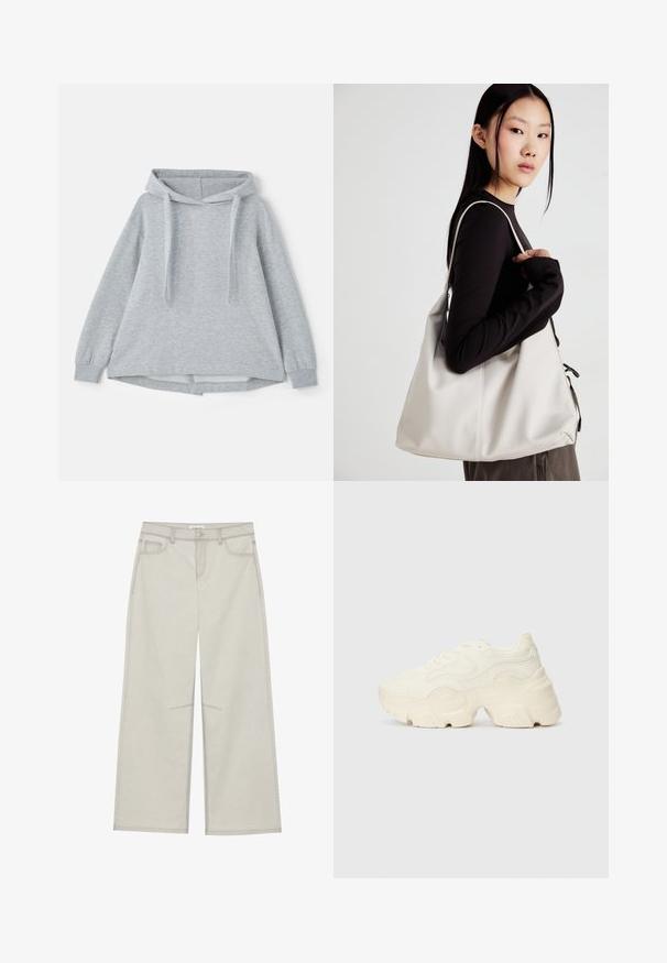 Svetlo siva kapuca izdelana iz mehkega blaga, z veliko sprednjo žepom, vrvicami in dolgimi rokavi s prilegajočimi manšetami.; Svetlo sivi široki hlače s pet žepov, sprednjem zapiranju na gumb in kontrastnim šivom ob šivih. Tkanina izgledata mehka in trpežna.; Debele bele športne copate, izdelane iz teksturirane mrežaste in sintetične materialov, z debelim podplatom in zapletenimi vzorčičnimi detajli ob straneh.; Bežna torbica iz mehkega materiala, z ohlapno zasnovo, šivi in dvema naramnicama. Primerna za vsakodnevno uporabo.