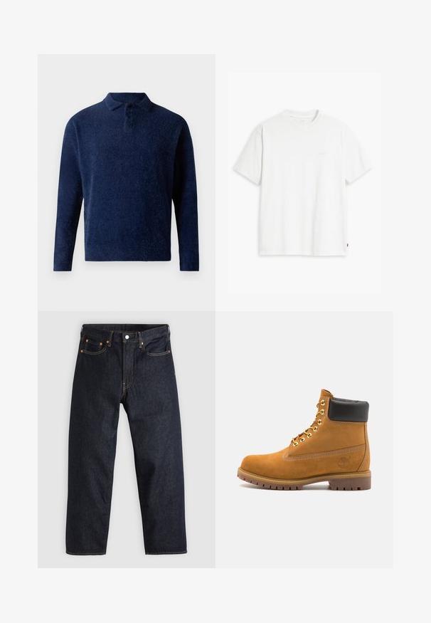 Tumši zila džemperis, kas izgatavots no mīkstas, teksturētas auduma. Tam ir apkakle, trīs pogu aizdare un garas piedurknes. Minimālisma stils.; Balts kokvilnas T-krekls ar īsām piedurknēm un apaļu kakla izgriezumu, priekšpusē redzama smalka gaišas krāsas "Levi's" logo.; Tumši zili džinsi ar taisnu piegriezumu, piecām kabatām, kontrastējošiem apelsīnu diegiem un ar pogu aizdari. Nav redzamu rakstu vai rotājumu.; Brūna zamša potīte ar melnu izšuvumu ap kaklu, zelta metāla acu caurumi, balta šuvju apdare un izturīgs gumijas zole ar izteiktu zīmējumu.
