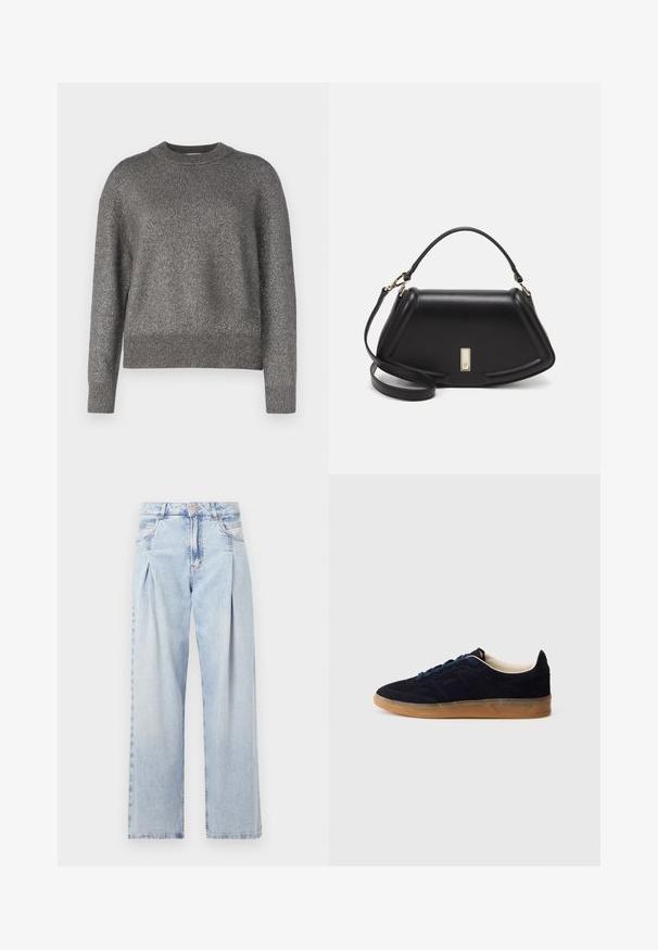 Grauer Pullover mit reflektierender Strickstruktur, Rundhalsausschnitt und gerippten Bündchen sowie Saum; leicht lockere Passform und lange Ärmel.; Helle blaue Denim-Jeans mit hoher Taille, weitem Beinschnitt, zwei seitlichen Taschen und gefaltetem Design. Weiche Textur mit einem ausgebleichten Finish.; Marineblaue Wildledersneaker mit einer gum Rubber-Sohle, blauen Schnürsenkeln und minimalistischem Design. Verfügt über ein eingeprägtes Logo an der Seite und ein glattes Innenfutter.; Schwarze Lederhandtasche mit einem strukturierten Design, das eine verkürzte Form, einen oberen Griff und goldfarbene Hardware-Details aufweist. Verstellbarer Schulterriemen ist enthalten.