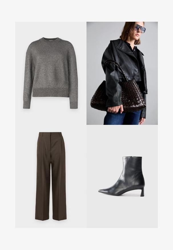 Pilkas megztinis su atspindinčia mezgimo tekstūra, apvalia iškirpte ir raukšlėtomis rankovėmis bei apačia; šiek tiek laisvas prigludimas ir ilgomis rankovėmis.; Rudos platesnios kelnės su lygiu paviršiumi, turinčios aukštą liemenį, priekinės klostes ir pritaikytą dizainą. Nėra matomų kišenių ar puošmenų.; Juodas odinis kulkšninis batas su smailiu pirštu ir elegantišku dizainu. Turi žemą kulną ir užtrauktuką gale. Lygi tekstūra.; DRAGON DIFFUSION SANTA CROCE BIG - Rankinė - dark brown