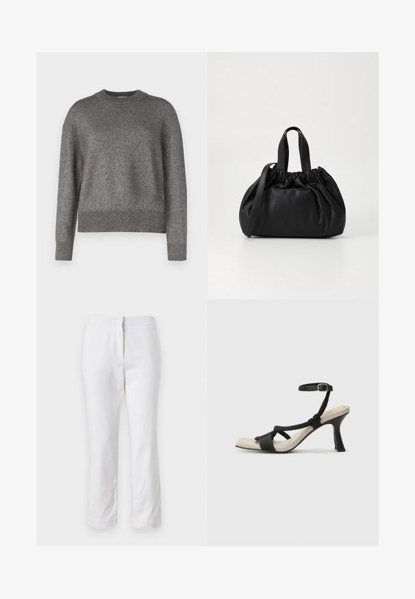 Suéter gris con una textura de punto reflectante, cuello redondo y puños y dobladillo acanalados; corte ligeramente holgado y mangas largas.; Pantalones de algodón blancos con un diseño de pierna recta, que cuentan con una cintura de media altura y sin herrajes o patrones visibles. Textura suave en todo su recorrido.; Sanda¡ía de tacón negro con diseño de tira trenzada, punta cuadrada y correa ajustable en el tobillo. Plantilla de color beige claro con un tacón negro brillante.; Bolso de mano de cuero negro con un diseño de parte superior fruncida, que cuenta con dos asas cortas y una correa larga ajustable. Textura suave, forma redondeada.