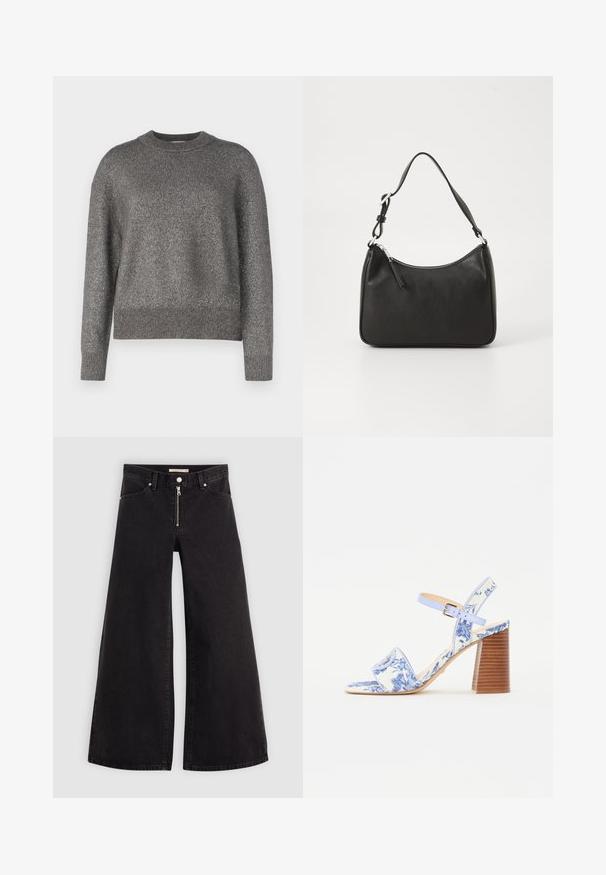 Šedý svetr s reflexní pletenou texturou, kulatým výstřihem a vroubkovanými manžetami a lemem; mírně volný střih a dlouhé rukávy.; Džíny s širokými nohavicemi v černém denimovém provedení se zipem vpředu, pěti kapsami a jemnými švy. Hladká textura a ležérní styl.; Modré sandály s květinovým potiskem, čtveratou špičkou, širokým páskem a nastavitelným páskem kolem kotníku, s texturovaným dřevěným blokovým podpatkem.; Černá kožená kabelka s zakřiveným tvarem, s jedním popruhem, zipovým uzávěrem a decentním logem na přední straně. Hladká textura, minimalistický design.