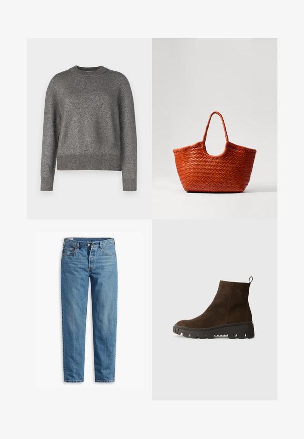 Pulover gri cu o textură tricotată reflectorizantă, guler rotund și manșete și tiv cu nervuri; potrivire ușor lejeră și mâneci lungi.; Jeans din denim albastru cu croi drept, prezentând un fermoar, două buzunare frontale și o decolorare subtilă pe întreaga țesătură.; Botină din suede maro, cu o talpă din cauciuc negru masiv, având un toc ușor și o bandă de prindere în spate pentru a fi ușor de îmbrăcat.; DRAGON DIFFUSION NANTUCKET BASKET BIG - Geantă de mână - naranja