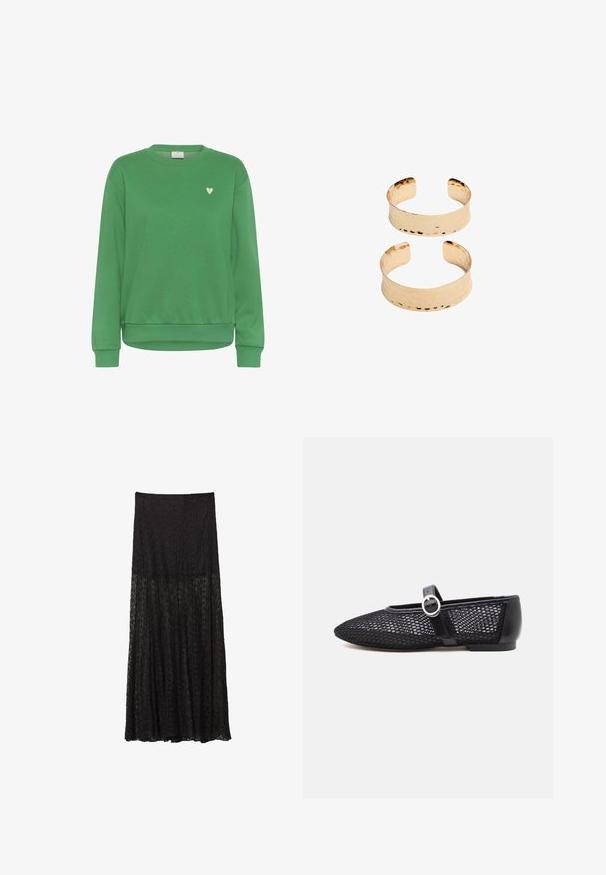 Grüner Sweatshirt aus Baumwolle mit Rundhalsausschnitt, langen Ärmeln, gerippten Bündchen und einem kleinen weißen Herzakzent auf der Brust.; Schwarz Baumwoll-T-Shirt mit kurzen Ärmeln, rundem Halsausschnitt und lockerer Passform. Schlichte Ausführung ohne Muster oder Verzierungen.; Schwarzer Spitzen-Maxi-Rock mit einem gestuften Design, strukturiertem Muster und fließendem Schnitt. Elastischer Taillenbund für eine verstellbare Passform.; Schwarze Mesh-Mary-Jane-Ballerina mit abgerundeter Spitze, verstellbarem Riemen, silberner Schnalle und solidem Fersenbereich auf weißem Hintergrund.; Goldfarbene Metallmanschetten mit einer gehämmerten Textur, die ein offenes Design und glatte Kanten aufweisen. Zwei Größen sind abgebildet: eine breitere und eine schmalere.