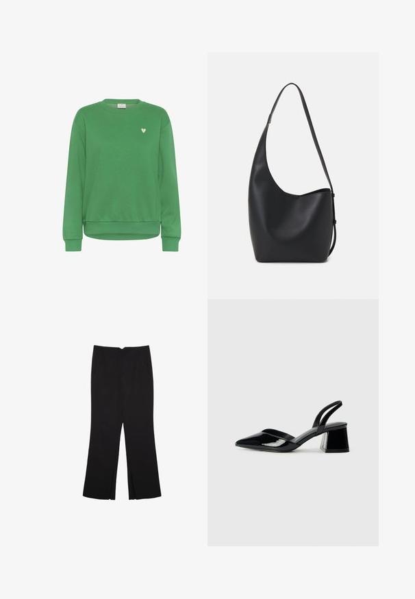 Felpa verde in cotone, con colletto girocollo, maniche lunghe, polsini a costine e un piccolo accento a forma di cuore bianco sul petto.; Pantaloni neri a gamba dritta, con tasche frontali e spacchi laterali all'orlo. Realizzati in tessuto morbido e liscio. Adatti a diverse occasioni.; Décolleté in vernice nera con punta affusolata e tacco in geometria cubica. Presentano un design elegante e minimalista, con una texture liscia.; Borsa hobo nera in pelle con una superficie liscia, forma curvata e una singola tracolla regolabile; presenta un'ampia apertura nella parte superiore.