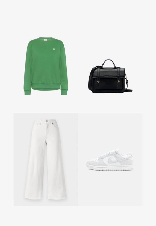 Vihreä puuvillapaita, jossa on pyöreä pääntie, pitkät hihat, resorimaiset hihansuut ja pieni valkoinen sydänkoriste rinnassa.; Valkoiset leveälahkeiset farkut, joissa on korkeaa vyötäröä, neljän taskun muotoilu ja raakareuna alaosassa tekstuurin lisäämiseksi.; Valkoiset Nike-tennarit, jotka yhdistävät teksturoidun nahkan ja mokkanahan, matala malli, pyöristetty kärki ja kuviollinen kumipohja.; Musta nahkainen olkalaukku, jossa on rakenteellinen muotoilu, ylhäältä kantohihna, säädettävä olkahihna, etulevy ja metallikoristeet. Edessä brändäys.