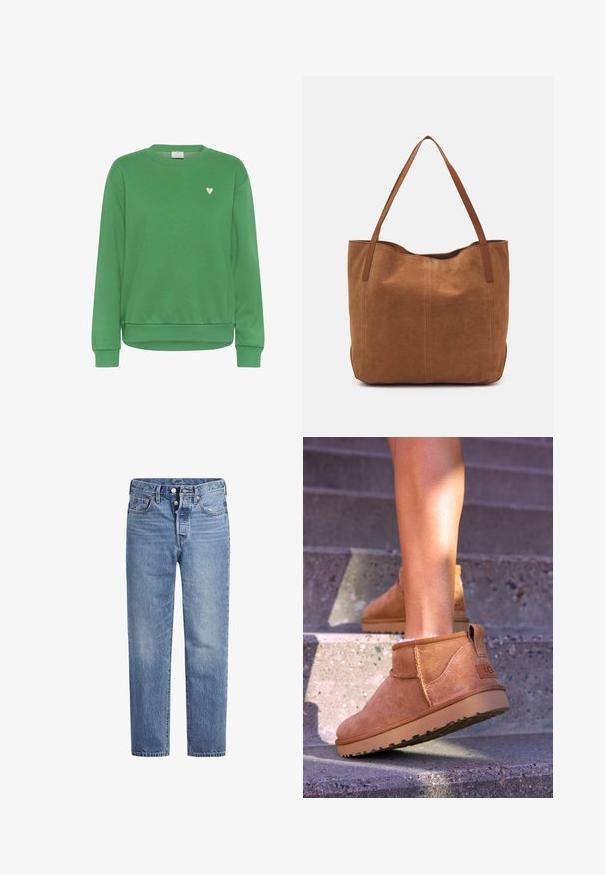 Green sweatshirt made of cotton, featuring a crew neck, long sleeves, ribbed cuffs, and a small white heart accent on the chest.; Light blue denim jeans with a straight cut, five-pocket design, and a button fly. Features subtle fading and orange stitching accents.; Tan suede ankle boots with a soft texture, stitched detailing, and a rubber sole, featuring a looped heel for easy wear.; Brown suede tote bag with two long handles, featuring a smooth texture, simple design, and no visible hardware or accents.