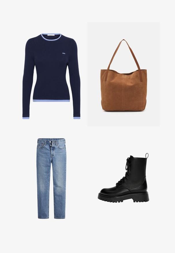 Námořnický žebrovaný svetr s dlouhým rukávem a světle modrým kulatým výstřihem a manžetami. Obsahuje malé vyšívané logo na hrudi.; Světle modré džíny s rovný střih, designem s pěti kapsami a knoflíkovým zapínáním. Mají jemné vyblednutí a oranžové prošití.; Černé kotníkové boty na šněrování vyrobené z umělé kůže, vybavené masivní podrážkou, poutkem pro snadné nazouvání a výrazným prošíváním.; Hnědá semišová taška s dvěma dlouhými uchy, se hladkým povrchem, jednoduchým designem a bez viditelného kování nebo dekorací.