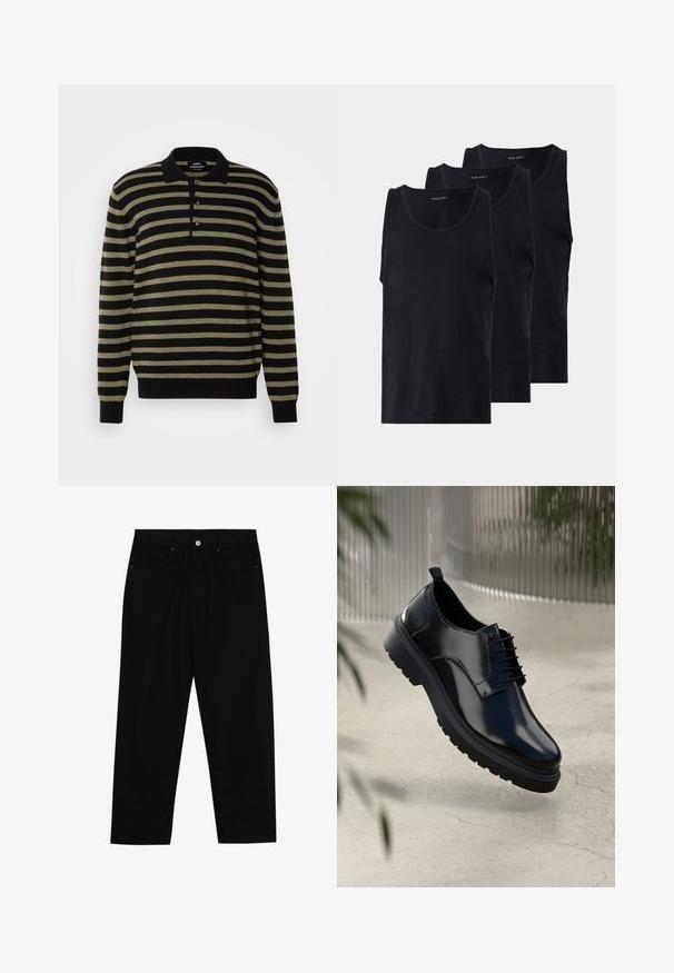 Czarny i oliwkowozielony sweter w paski z kołnierzykiem polo, pliską na trzy guziki oraz ściągaczami przy mankietach i u dołu. Miękka tekstura materiału.; Czarne bawełniane topy na ramiączkach w zestawie trzech sztuk, z okrągłym dekoltem i bez rękawów, o gładkiej fakturze i klasycznym kroju.; Czarne spodnie dżinsowe w klasycznym kroju prostym, z pięcioma kieszeniami i zapięciem na guzik z przodu. Gładka tekstura z minimalnymi detalami szwy.; Czarne skórzane buty z połyskiem, okrągłym noskiem, sznurowanym zapięciem, kontrastowym przeszyciem oraz grubą gumową podeszwą z bieżnikiem.