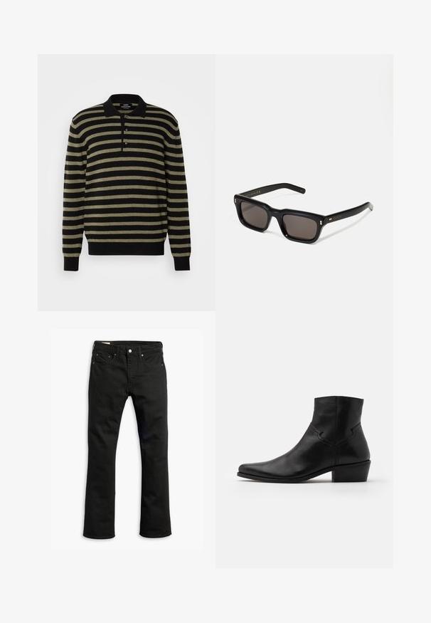 Black and olive green striped sweater with a polo collar, three-button placket, and ribbed cuffs and hem. Soft fabric texture.; Black denim jeans with a straight leg design, five pockets, metal button closure, and subtle stitching details. Smooth texture and solid color.; Black leather ankle boot with a pointed toe, minimal stitching details, a mid-height block heel, and a smooth, polished finish.; Black rectangular sunglasses with dark lenses, thick plastic frame, gold accents on temples, and brand logo engraved on the arm.