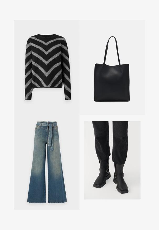 Pull à rayures noires et grises avec un motif en chevron, doté d'un col rond et de manches longues, fabriqué dans un matériau doux et texturé.; Pantalons en denim à jambe large présentant un dégradé de bleu clair à bleu foncé, taille haute, passants de ceinture et une ceinture en tissu assortie. Finition en denim texturé.; Bottes noires en cuir jusqu'à la cheville avec un bout carré, dotées d'une large sangle et d'un détail de boucle en métal. Les bottes ont une semelle épaisse et une texture lisse.; Sac fourre-tout en cuir noir avec une texture lisse, de forme rectangulaire et deux longues poignées. Pas de matériel ou d'ornementations visibles.