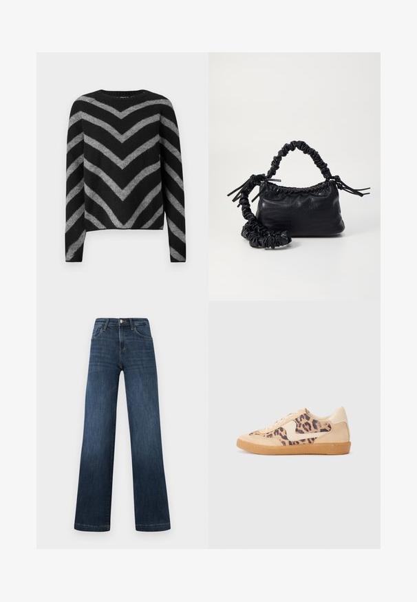 Schwarzer und grauer gestreifter Pullover mit einem Zickzackmuster, Rundhals-Ausschnitt und langen Ärmeln, aus einem weichen, strukturierten Material gefertigt.; Dunkelblaue Denim-Jeans im weiten Bein-Design, ausgestattet mit fünf Taschen und einer Vorderknopf-Verschluss. Glatte Textur und klassische Nähdetails.; Löwenmuster-Sneaker mit beige Wildleder-Obermaterial, tanfarbener Gummisohle und weißen Akzenten. Runde Zehenform und Schnürdesign mit strukturiertem Finish.; Schwarze Handtasche aus Kunstleder mit Krokodilstruktur, gerafftem oberen Teil und einem geschoppten Tragegurt. Sie wirkt weich und kompakt im Design.