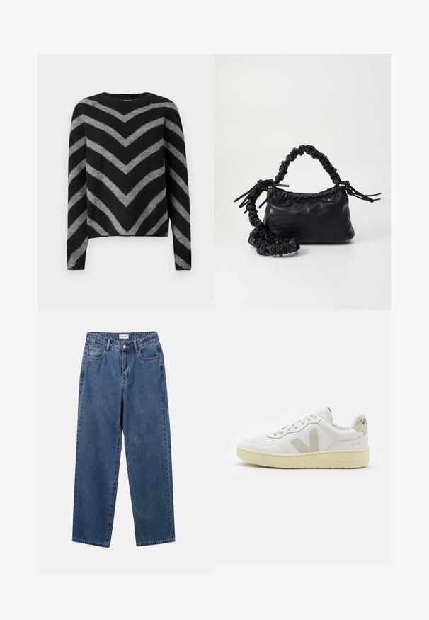 Black and gray striped sweater with a chevron pattern, featuring a round neckline and long sleeves, made from a soft, textured material.; Classic blue denim jeans with a straight-leg design, five pockets, and a button closure. Features a medium wash and sturdy texture.; White leather sneaker with beige suede accents, perforated toe box, flat laces, and a textured cream sole. Features subtle branding on heel.; Black faux leather handbag with a crocodile texture, cinched top, and a scrunched strap. Appears soft and compact in design.