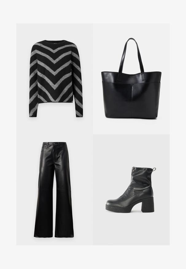 Swartrandete og gråstripete genser med et chevronmønster, med rund hals og lange ermer, laget av et mykt, teksturert materiale.; Sorte høy midje vide ben bukser i imitert skinn med knapp foran, glidelås, beltehemper og sidelommer på hvit bakgrunn.; Svarte ankelstøvler laget av glatt lær, med glidelås på siden, chunky strukturert hæl, og rund tå-design.; Svart lær toteveske med to lange håndtak, en glatt tekstur og en strukturert form. Har en frontlomme for ekstra oppbevaring.
