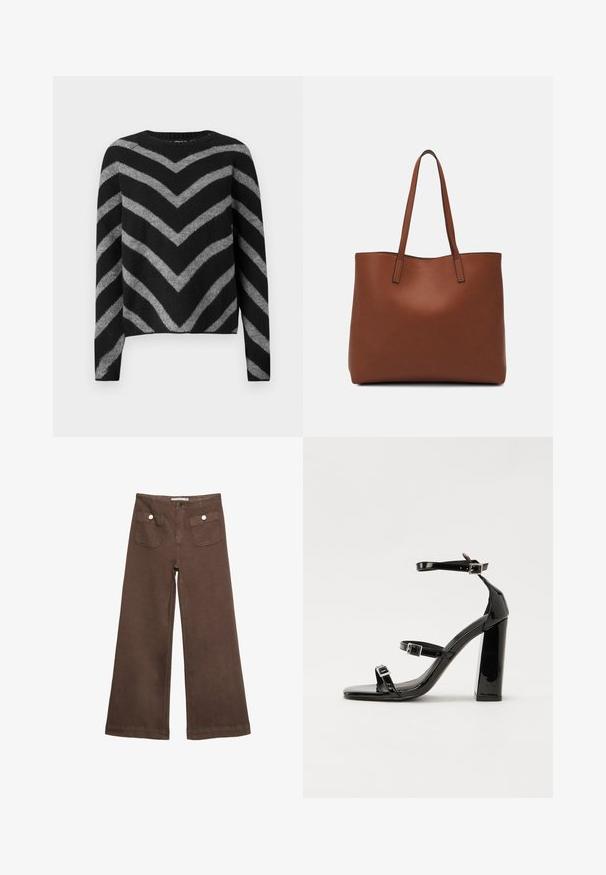 Pull à rayures noires et grises avec un motif en chevron, doté d'un col rond et de manches longues, fabriqué dans un matériau doux et texturé.; Pantalons larges marron en coton, dotés de deux poches avant avec des boutons argentés, et une texture lisse.; Sandales à talons hauts en cuir verni noir avec deux brides à boucles, bout carré et talon bloc épais, présentant une texture lisse et brillante.; Sac fourre-tout en cuir marron avec une texture lisse, design à ouverture supérieure et deux poignées pour le porter à l'épaule. Présente des coutures minimales et aucun matériel visible.