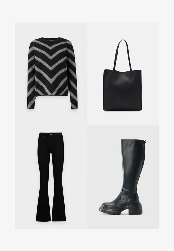 Crni i sivi prugasti pulover s chevron uzorkom, s okruglim izrezom i dugim rukavima, izrađen od mekog, teksturiranog materijala.; Crne traperice viskog struka s kopčanjem na gumb i rajfeslusu, prednjim džepovima i širom nogavicama položene su ravno na bijeloj pozadini.; Visoke crne kožne čizme s debelim platformskim đonom i blok petom, s patentom za povlačenje i teksturiranim uzorkom na potplatu.; Crna kožna torba za nošenje s glatkom teksturom, pravokutnim oblikom i dvije duge ručke. Nema vidljivih metalnih dijelova ili ukrasa.