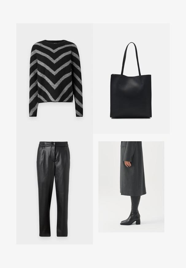 Schwarzer und grauer gestreifter Pullover mit einem Zickzackmuster, Rundhals-Ausschnitt und langen Ärmeln, aus einem weichen, strukturierten Material gefertigt.; Schwarze Lederhosen mit glatter Oberfläche, geradem Schnitt, elastischem Bund und vorderem Knopfverschluss; gefaltete Details und schmal zulaufende Beine.; Grau, maßgeschneiderter Überwurf mit geradem Schnitt; kombiniert mit knöchelhohen, schwarzen Lederstiefeln mit quadrater Zehenform und klobigem Absatz.; Schwarze Laptoptasche aus Leder mit glatter Textur, rechteckiger Form und zwei langen Griffen. Keine sichtbaren Beschläge oder Verzierungen.