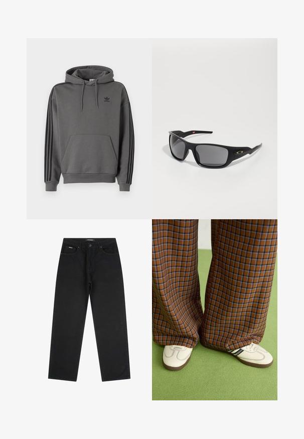 Sweatshirt cinza com um bolso canguru, logótipo da Adidas em preto e detalhes em preto com três riscas ao longo das mangas. Feito de um tecido suave e texturizado.; Jeans pretos de perna reta com botão e fecho na frente, passantes para cinto e design de cinco bolsos, deitados sobre um fundo branco.; Calças largas em padrão xadrez castanho e azul, combinadas com sapatos brancos com detalhes pretos e solas texturizadas, contra um fundo verde.; Óculos de sol pretos com forma retangular, feitos de plástico durável, com lentes cinzas e um detalhe dourado na lateral.