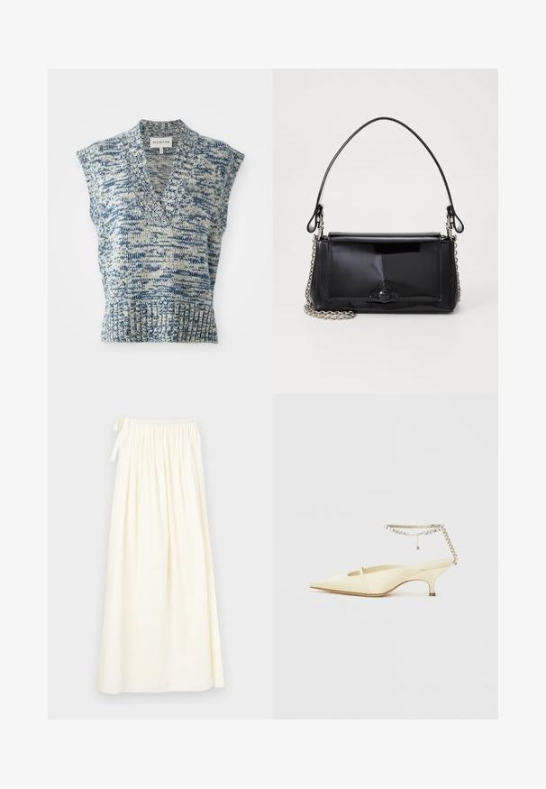 Top senza maniche lavorato a maglia in blu e crema con scollo a V, motivo testurizzato, orlo a coste e aperture ampie per le spalle. Etichetta del marchio: MUNTHE.; Longo, gonna color crema realizzata in tessuto leggero; presenta una vita elastica con un laccetto e un design fluido con texture minima.; Scarpa slingback in satin giallo con punta affusolata e tacco basso, dotata di una cinghia alla caviglia decorata con una catena e strass. Texture liscia, design minimale.; Borsa a tracolla in vernice nera con forma rettangolare, tracolla a catena e un distintivo accessorio in metallo al centro. Texture liscia.