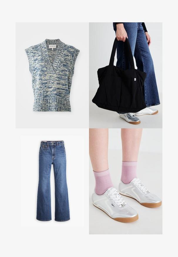 Top senza maniche lavorato a maglia in blu e crema con scollo a V, motivo testurizzato, orlo a coste e aperture ampie per le spalle. Etichetta del marchio: MUNTHE.; Cardigan nero a coste con maniche lunghe, scollo rotondo e chiusura anteriore con bottoni, caratterizzato da bottoni argentati. Adatto al corpo con una superficie liscia.; Jeans in denim blu a vita alta con design a gamba larga, dotati di tasca frontale, chiusura con bottone in ottone e cuciture a contrasto.; Scarpe da ginnastica argentate con accenti bianchi e suole in gomma, abbinate a calze rosa a coste, che mostrano un design a profilo basso.; Borsa a rete nera con un design morbido, due manici resistenti e una piccola etichetta con logo sulla parte anteriore, tenuta da una persona in denim.