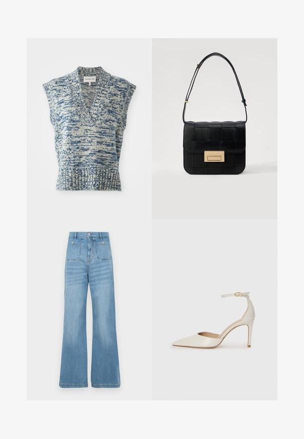 Bezrukavni pleteni top u plavoj i krem boji s V-izrezom, teksturiranim uzorkom, rebrastim rubom i širokim otvaranjima za ramena. Brend oznaka: MUNTHE.; Svijetloplave traperice širokih nogavica, s dva prednja i dva stražnja džepa, završene s nerazrezanim rubom i zatvaranjem na gumb.; Bijela kožna visoko potpetica s oštrim vrhom, remenom oko članaka i tankom stiletto potpeticom. Glatka tekstura s blagim sjajnim završetkom.; Loeffler Randall DESI CROSSBODY WITH LOCK HARDWARE - Torba preko tijela - black
