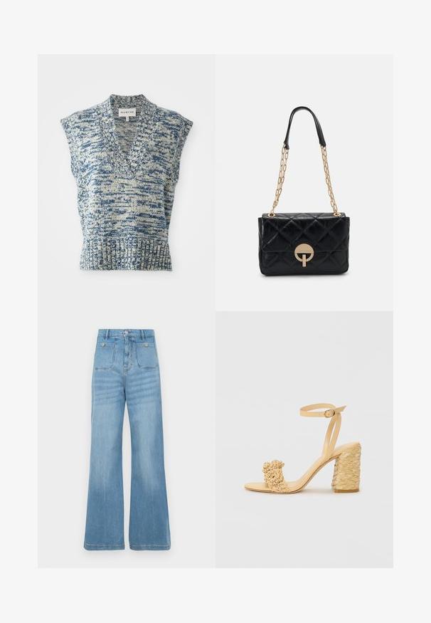 Bezrukavni pleteni top u plavoj i krem boji s V-izrezom, teksturiranim uzorkom, rebrastim rubom i širokim otvaranjima za ramena. Brend oznaka: MUNTHE.; Svijetloplave traperice širokih nogavica, s dva prednja i dva stražnja džepa, završene s nerazrezanim rubom i zatvaranjem na gumb.; Bež sandala s visokom potpeticom, s pletenom teksturom, ukrašena cvijetom i remenom oko gležnja. Kvadratna potpetica dodaje stabilnost.; Crna prešivena kožna torba s zlatnim lančićem, koja ima kružnu kopču. Kompaktni pravokutni oblik s glatkom teksturom.