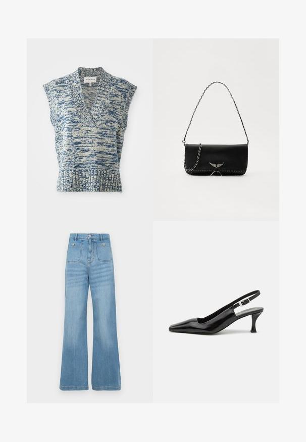Sleeveless knitted top in blue and cream with a V-neck, textured pattern, ribbed hem, and wide shoulder openings. Brand label: MUNTHE.; Light blue denim jeans with a wide-leg design, featuring two front pockets and two back pockets, finished with a raw hem and button closure.; Black patent slingback high-heel shoes with a pointed toe and a silver buckle detail at the heel, featuring a smooth, glossy finish.; Black leather handbag with a silver chain strap, featuring decorative wing accents and white stitching along the bottom seam.