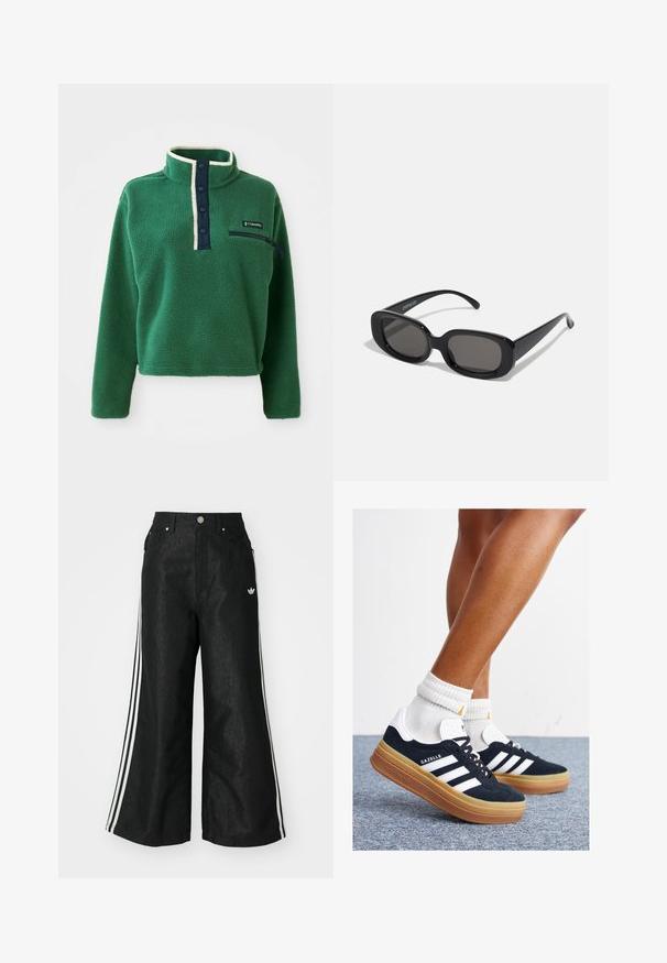 Grønn fleecegenser med høy krage, marineblå knappestolpe og en glidelåslomme. Har myk tekstur og kontrasterende kremfarget trim.; Sorte vide benbukser med tre hvite striper på hver side og en liten hvit logo. Har frontlommer og knappelukking.; Svarte sneakers i semsket skinn med hvite striper og detaljer, rund tå, yttersåle i gummigummi, kombinert med hvite ribbestrikkede crew-sokker.; Svarte rektangulære solbriller med mørke linser. Tykk plastisk ramme, glatt tekstur og avrundede kanter. Stilige stenger strekker seg utover.