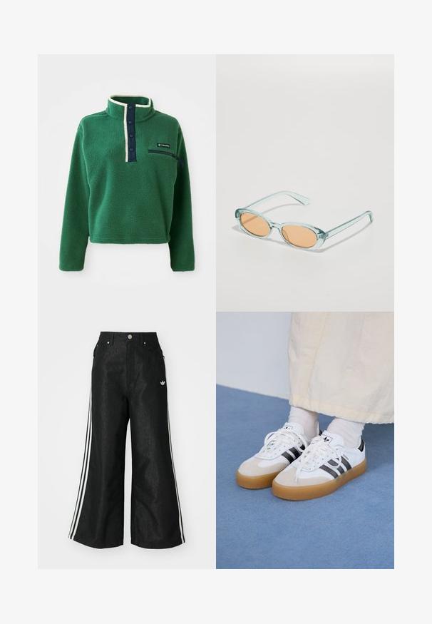 Žalias pūkinis megztinis su aukštu apykakle, jūrų mėlynumo mygtukų užsegimu ir užtrauktuko kišene. Pasižymi minkšta tekstūra ir kontrastingu kreminiu apdailos elementu.; Juodos plačios džinsinės kelnės su trimis baltais juostelėmis kiekvienoje pusėje ir mažu baltu logotipu. Yra priekiniai kišenės ir sagčių užsegimas.; Baltos sportbačiai su noir juostomis ir šviesiai rudos zomšos akcentais. Yra tekstūruota gumos padas ir plokščiomis baltomis raištelėmis, dėvimi su šviesiai spalvotomis kojinėmis.; Šviesiai mėlyni akiniai nuo saulės su ovaliais rėmeliais ir oranžiniais lęšiais. Skaidrios šakės turi lygias kraštines ir nedidelį lenkimą.