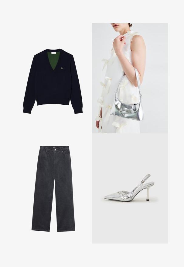 Jūrinis V formos megztinis, pagamintas iš minkštos medžiagos, su raštuotu apykakle ir rankogaliais, kontrastinga žalia vidine dalimi ir mažuoju logotipu ant krūtinės.; Plati kojinės tamsiai pilkoje šukuoto veliūro medžiagoje, su mygtukų uždarymu, keturiomis kišenėmis ir minkšta tekstūra.; Sidabriniai slingback aukštakulniai batai su smailia pavadinimu, metaliniu paviršiumi, dviem dekoratyvinėmis juostelėmis ir lieknu kulnu su juodu galiuku.; Sidabrinė metalinė rankinė su struktūrizuota forma, turinti viršutinę rankeną ir kaspiną priekyje. Lygi tekstūra, atspindinti apdaila.