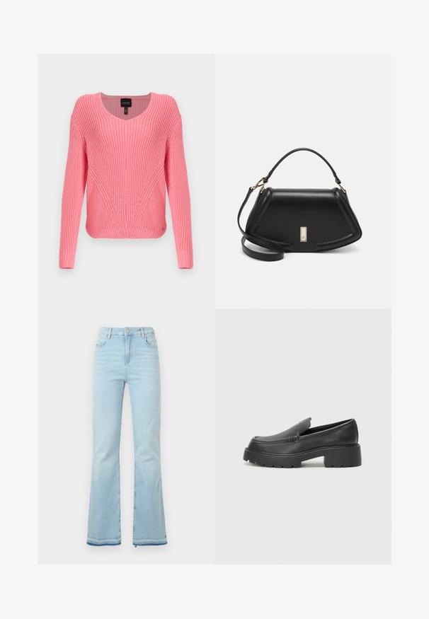 Rosa gestrickter Pullover mit V-Ausschnitt, langen Ärmeln, gerippter Textur und diagonalen Details auf der Vorderseite. Glattes Material und taillierte Silhouette.; Hellblaue Schlagjeans aus Denim, mit hoher Taille, Vordertaschen und einem rohen Saum an den Bündchen für einen lässigen Look.; Schwarze Lederloafer mit einer abgerundeten Spitze, dicker strukturierten Laufsohle und minimalen Nähten. Schlankes Design ohne sichtbare Schnürsenkel oder Beschläge.; Schwarze Lederhandtasche mit einem strukturierten Design, das eine verkürzte Form, einen oberen Griff und goldfarbene Hardware-Details aufweist. Verstellbarer Schulterriemen ist enthalten.