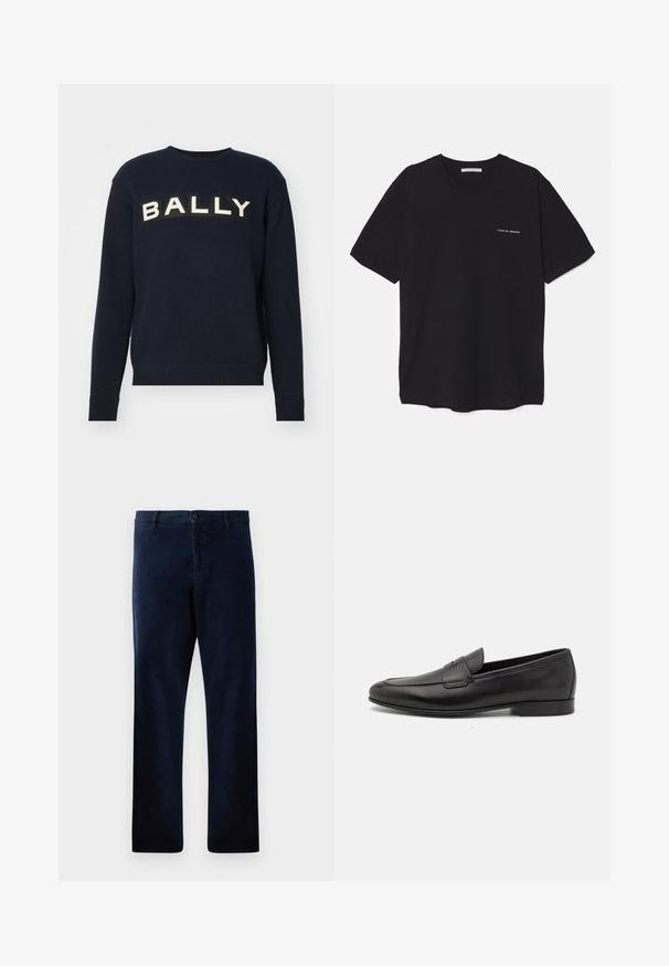 Maglione blu marina in un tessuto lavorato a maglia, con il bold lettering bianco "BALLY" su uno sfondo nero al centro del petto. Polsini e orlo a coste.; T-shirt in cotone nero con collo rotondo, maniche corte e stampa bianca del logo sul lato sinistro del petto. Design semplice e monocromatico.; Pantaloni blu navy realizzati in un tessuto morbido e testurizzato, con chiusura a bottone e taglio dritto, impreziositi da sottili dettagli di cucitura.; Mocassino da uomo in pelle nera con tacco basso e design classico a striscia, mostrato in profilo laterale su sfondo bianco.