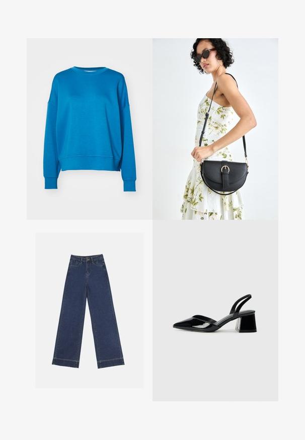 Blue sweatshirt with a relaxed fit, round neckline, and wide sleeves. Made from soft fabric with ribbed cuffs and hem.; Wide-leg jeans in dark blue denim. Features five pockets, belt loops, and a raw hem at the bottom with visible stitching details.; Black patent leather slingback heels with a pointed toe and a geometric block heel. Features a sleek, minimal design and smooth texture.; Black leather handbag with a curved shape, detachable strap, and gold hardware. The bag features a flap with a buckle detail.