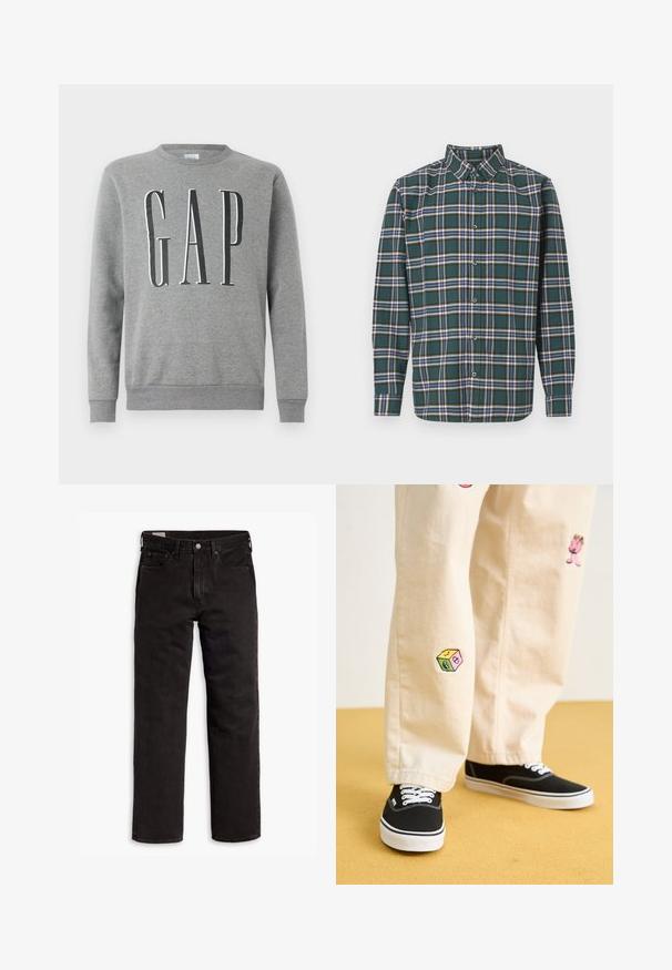 Sudadera gris con cuello redondo, puños y dobladillo acanalados, con la palabra "GAP" en letra negra grande en la parte frontal. Textura de tela suave.; Camisa de franela verde con un patrón a cuadros que presenta líneas en azul, blanco y amarillo mostaza. Con botones en el frente y cuello puntiagudo. Mangas largas.; Vaqueros de mezclilla negra con corte recto, con cierre de cremallera, bolsillos frontales y un diseño clásico de cinco bolsillos. Textura suave y resistente.; Pantalones de algodón beige con divertidos diseños bordados que incluyen un personaje rosa y un bloque de color, combinados con zapatillas negras de cordones.