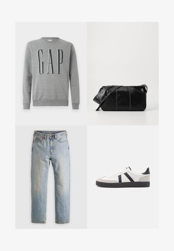 Grå sweatshirt med rund halsringning, ribbade ärmslut och nederkant, med ordet "GAP" i stor svart stil på framsidan. Mjuk tygtextur.; Ljusblå denimjeans med hög midja, framknäppning, dragkedja och femficksdesign, placerade platt på en neutral bakgrund.; Vit sneaker med svarta och grå accenter, med en strukturerad grå tådel, svart gummisul, och platta vita skosnören. Ren design, minimalistisk stil.; Svart läder axelväska med dragkedjestängning, som har en texturerad yta, vit sömnad och ett bälte med silveröglor.