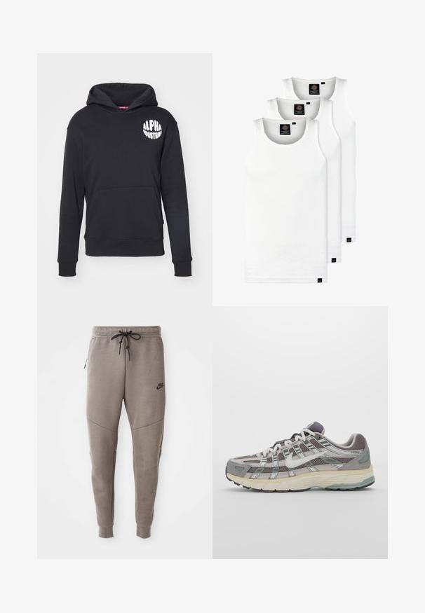 Μαύρα φούτερ από ύφασμα από βαμβακερό μείγμα. Διαθέτει τσέπη καγκουρώ στο μπροστινό μέρος, λογότυπο σε λευκό χρώμα στο αριστερό στήθος και ριμπ μανίκια και στρίφωμα.; Τρία λευκά ριμπ μπλουζάκια από βαμβάκι. Διαθέτουν στρογγυλή λαιμόκοψη και μικρές μαύρες ετικέτες κοντά στο στρίφωμα. Διαθέσιμα σε πολλές μεγεθύνσεις.; Γκρίζα φόρμα Nike με κορδόνι στη μέση, στενές γάμπες, πλαϊνές τσέπες και ιδιαίτερες ραφές. Μαλακό, υφασμάτινο υλικό.; Γκρίζο αθλητικό παπούτσι με επάνω μέρος από δίχτυ και σουέτ, λευκές λεπτομέρειες, απορροφητική σόλα και ξεχωριστό σχέδιο με ανακλαστικά στοιχεία.