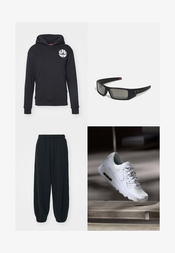 Moletom preto feito de um tecido misto de algodão. Apresenta um bolso canguru na frente, logotipo branco no lado esquerdo do peito e punhos e barra canelados.; Calças de fato de treino pretas, com cintura elástica e um corte solto, com punhos nas pernas, textura suave e sem padrões visíveis ou detalhes de metal.; Sapatilha Nike Air Max 90 branca com parte superior em malha e couro, caixa de dedos perfurada e uma unidade de ar visível no calcanhar.; Óculos de sol pretos com acabamento mate, lentes retangulares, leve curvatura nas hastes, detalhe sutil do logo e lentes de cor fumada.