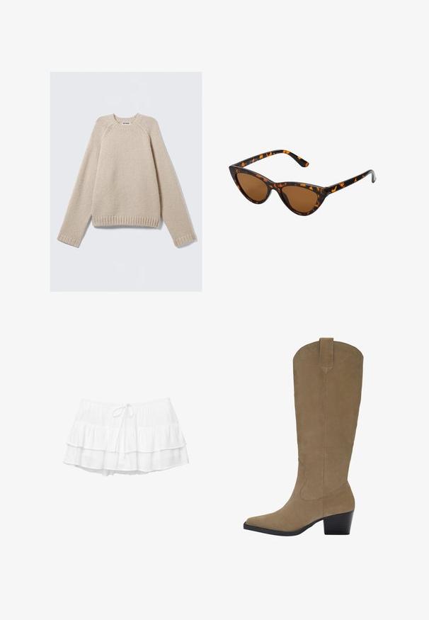Bež pleteno pulover z dolgimi raglan rokavi ter rebrastimi manšetami in robom, razporejen na svetlem ozadju.; Bela večplastna krila z tremi nabranimi plastmi, elastičnim pasom in detajlom s vrvico. Narejena iz lahkotnega, strukturiranega blaga.; Biege suknje do kolen iz nubuk kože z ostrim nosom, nabranim peto in šivanim detajlom ob straneh. Gladka tekstura in strukturiran dizajn.; Mačje oči sončna očala z okvirom v črno-oranžni želvej ohišji, rjavimi lečami in elegantnimi, ostrimi konicami. Imajo minimalistični logo na ročaju.