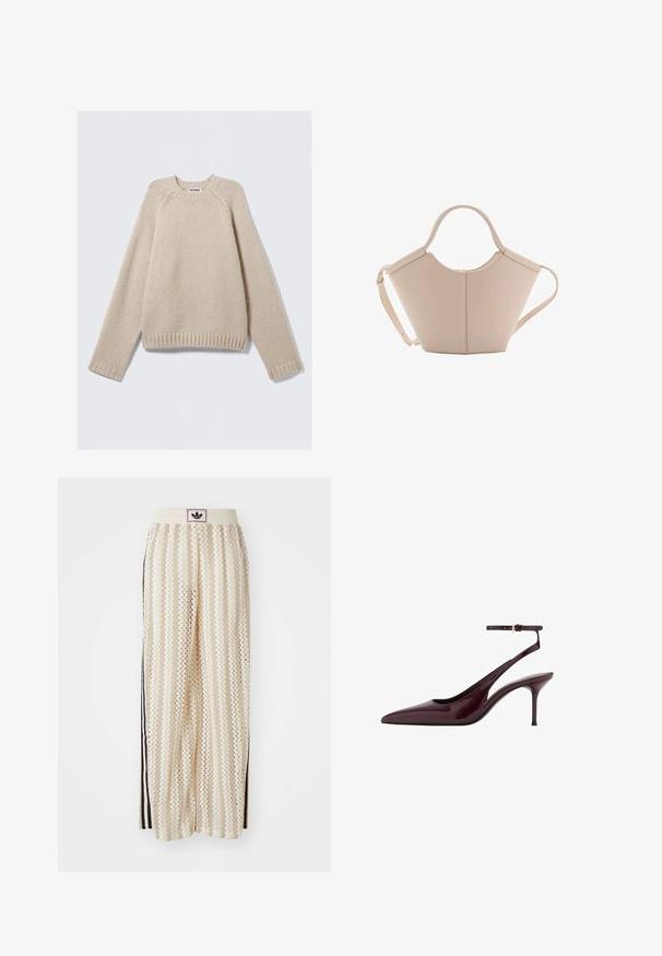Bežani pleteni pulover s dugim raglan rukavima i rebrastim manžetama i rubom, položen ravno na svijetloj podlozi.; Pantalone širokog kroja krem boje s zigzag uzorkom, koji sadrži sivi pojas s crnim logotipom i bočne crne pruge. Lagani, teksturirani materijal.; Burgundska lakirana kožna cipelica s šiljastim nosom, otvorenom petom i tankim remenom oko gležnja, srednje visoke potpetice na bijeloj pozadini.; Bež kožna torba jedinstvenog oblika, s dva kratka ručka i dugom podesivom trakom. Glatka tekstura s minimalnim metalnim dodacima.