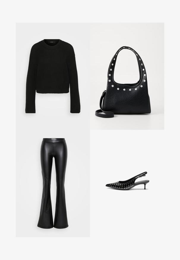 Black knitted sweater with a crew neckline and long sleeves. Features a textured pattern and a cropped design.; Black flared pants made of shiny faux leather, featuring a high waist and smooth texture. No visible hardware or patterns.; Black leather slingback heels with a pointed toe and small heel. Decorated with metallic studs along the upper for added texture.; Black textured leather handbag with silver studs along the top edge and handles, featuring a short handle and a detachable strap.
