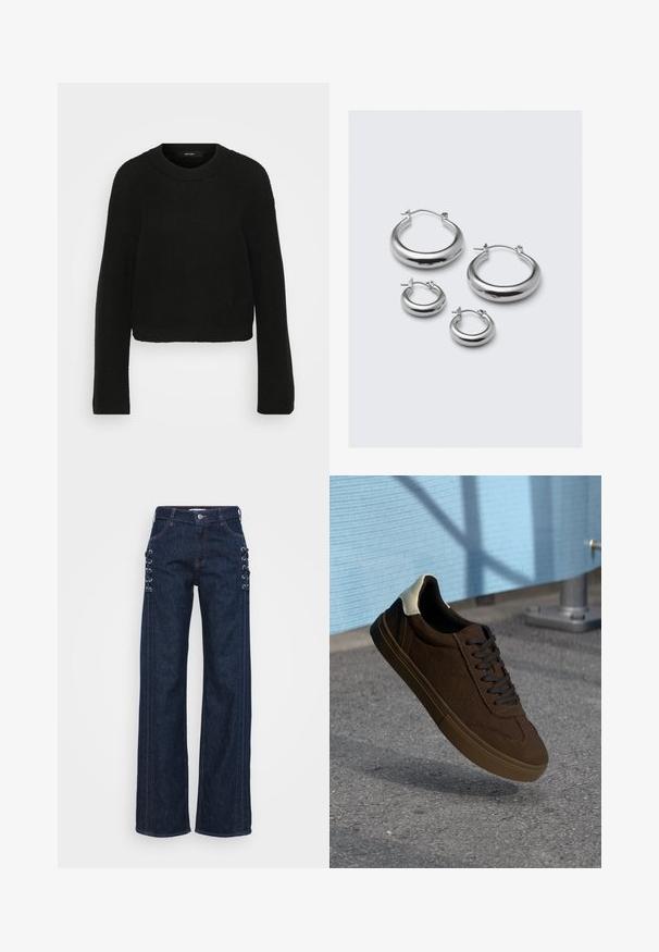 Mustmust jume mustris with ringiga ja pikkade varrukatega. Omab tekstuurset mustrit ja lühendatud disaini.; Tumedat sinised denim laiade jalgadega teksad, millel on külgedel nööri aktsendid, kontrastne oranž õmblus ja klassikaline viie tasku disain.; Pruunist nahast madalad tossud mustade paeltega, millel on valge kannaosa ja tekstuuriga õmblused. Kummikummist tald.; Neli paari hõbedast rõngas kõrvarõngaid erinevates suurustes: suured siledad ringid ja väiksemad ümarad stiilid läikiva viimistluse ja lihtsate kinnitustega.