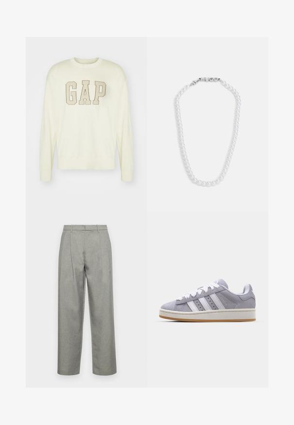 GAP LOGO INTARSIA CREW - Strickpullover - ivory frost; Graue maßgeschneiderte Hose aus strukturiertem Stoff mit geradem Bein, Bundfalten und einem Standardbund mit Gürtelschlaufen.; Graue Wildledersneaker mit weißen Streifen, runder Spitze und Gummisohle. Besitzt Perforationen an der Seite und eine strukturierte Fersenschlaufe.; Halskette aus weißen Perlen mit glatter Oberfläche, ausgestattet mit einem silbernen Verschluss, der das Wort "HUGO" geprägt hat. Gleichmäßig große Perlen in einem klassischen Design.