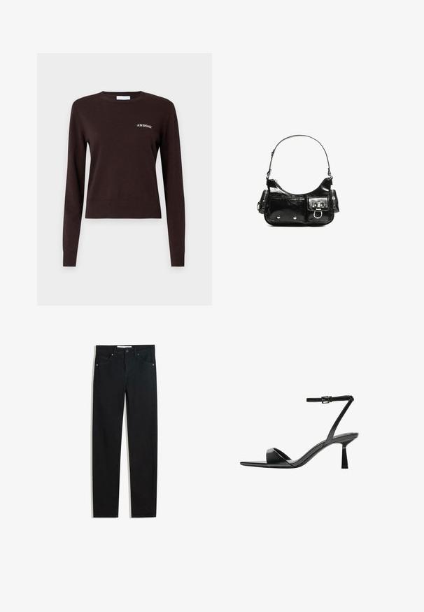 Ruskea neulepusero pitkillä hihoilla, ribbaus hihansuissa ja helmassa, vasemmassa rinnassa on brodeerattu teksti "2ND DAY".; Mustat farkut suoralla lahkeella, viisi taskua, metallinapit kiinnityksessä ja hienovaraisia ompeluyksityiskohtia. Sileä pinta.; Bershka Korolliset sandaalit - black; Mustekko mustasta kiiltonahasta valmistettu käsilaukku, jossa on kaareva muoto, yksi olkahihna, etutaskut ja hopeanväriset yksityiskohdat.