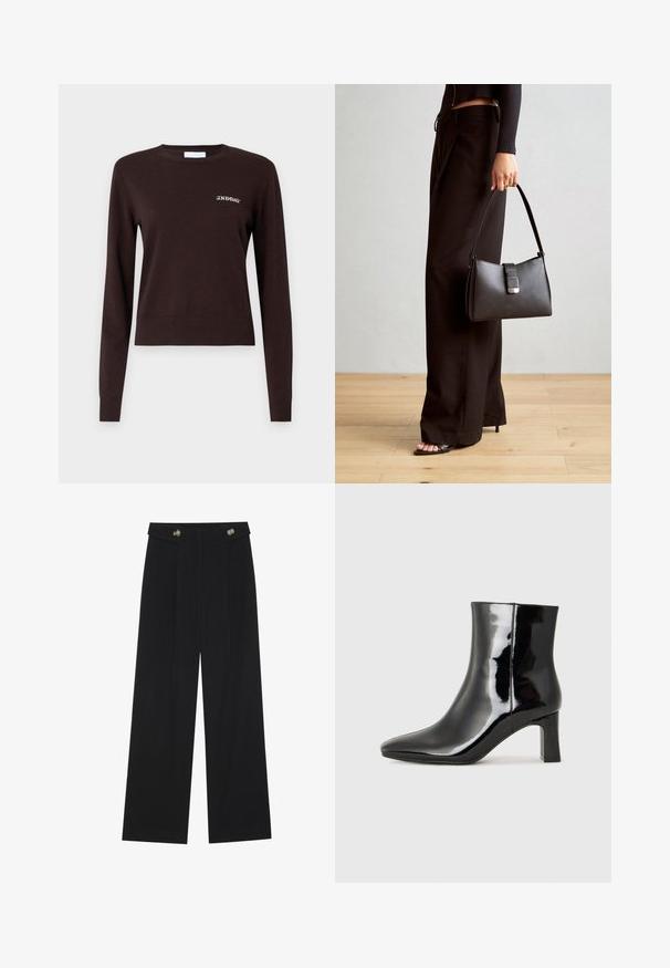 Pull en tricot marron à manches longues, avec des poignets et un ourlet côtelés, présentant le texte brodé "2ND DAY" sur la poitrine gauche.; Pantalons larges noirs à taille haute, avec des détails de boutons à la taille et des plis sur le devant.; Bottines en cuir verni noir avec un bout pointu et un talon block de hauteur moyenne. Texture lisse et design minimaliste.; Sac à main noir à la forme structurée, texture lisse et fermoir métallique. Associé à un pantalon noir ample et des sandales ouvertes sur un sol en bois.