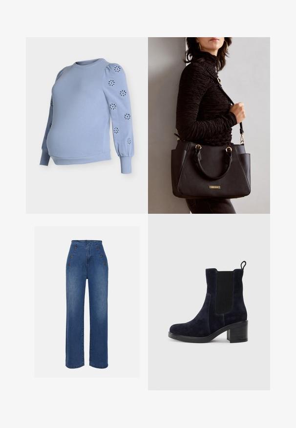 Šviesiai mėlynas nėščiųjų megztinis su pūstomis rankovėmis, rankovėse yra gėlių išpjovimų raštai, pagamintas iš minkšto medvilnės mišinio, su ribotu apačia.; Aukštos liemens džinsai, vidutinio mėlynumo. Yra priekiniai mygtukų akcentai ir plati kojų forma. Audinys turi lygią tekstūrą su lengvu apdailos nusidėvėjimu.; Tamsiai mėlynos suknelės odos aulinukai iki kulkšnių su elastingu šoniniu paneliu, apvaliu pirštu ir bloko kulnu. Tekstūruota medžiaga ir lygi padas suteikia kontrastą.; Juodas rankinės maišelis su struktūrizuota paviršiumi, dvigubais viršutiniais rankenėlėmis ir reguliuojamu peties diržu. Įrengtas aukso spalvos furnitūra ir šoninės kišenės.