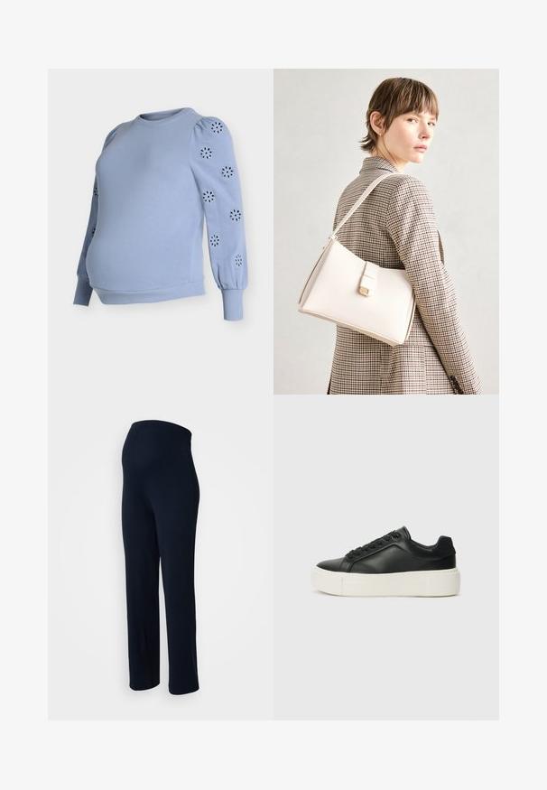 Felpa premaman azzurro chiaro con maniche a sbuffo, presenta motivi floreali traforati sulle maniche, realizzata in morbido cotone misto, orlo a coste.; Pantaloni elasticizzati blu navy con una texture liscia, vita elastica e design a gamba dritta, privi di hardware o motivi visibili.; Sneaker in pelle nera con punta arrotondata, suola piatta bianca e lacci neri. Presenta un logo sottile sul tallone e una texture liscia.; Borsa a mano in pelle bianca con un design strutturato, presente di un clasp magnetico e una tracolla, esposta su uno sfondo neutro.